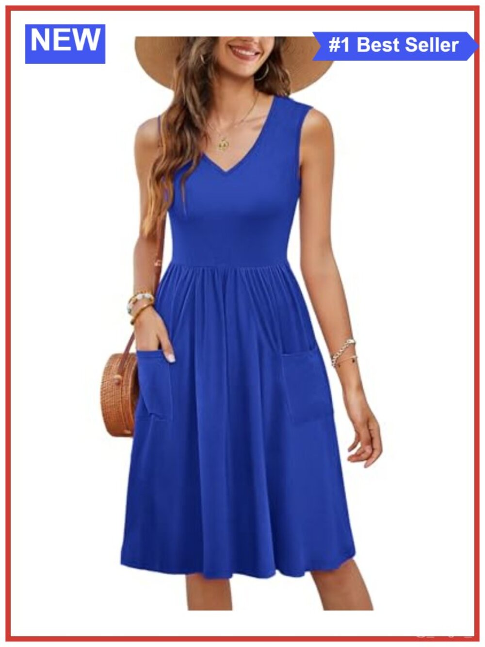 Sleeveless V-Neck A-Line Dress with Pockets Knee Length Summer Casual
